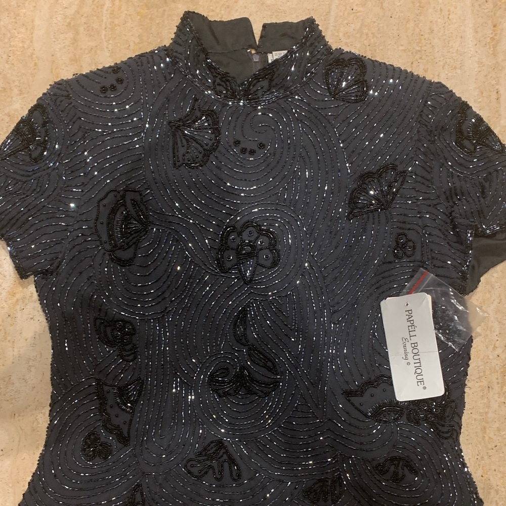 Papell Boutique grayish Black Beaded Swirl Top. NWT